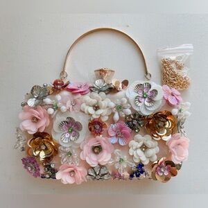 NWOT Flower Embellished Clutch Beaded Evening Bag Handbag Wedding Prom Floral
